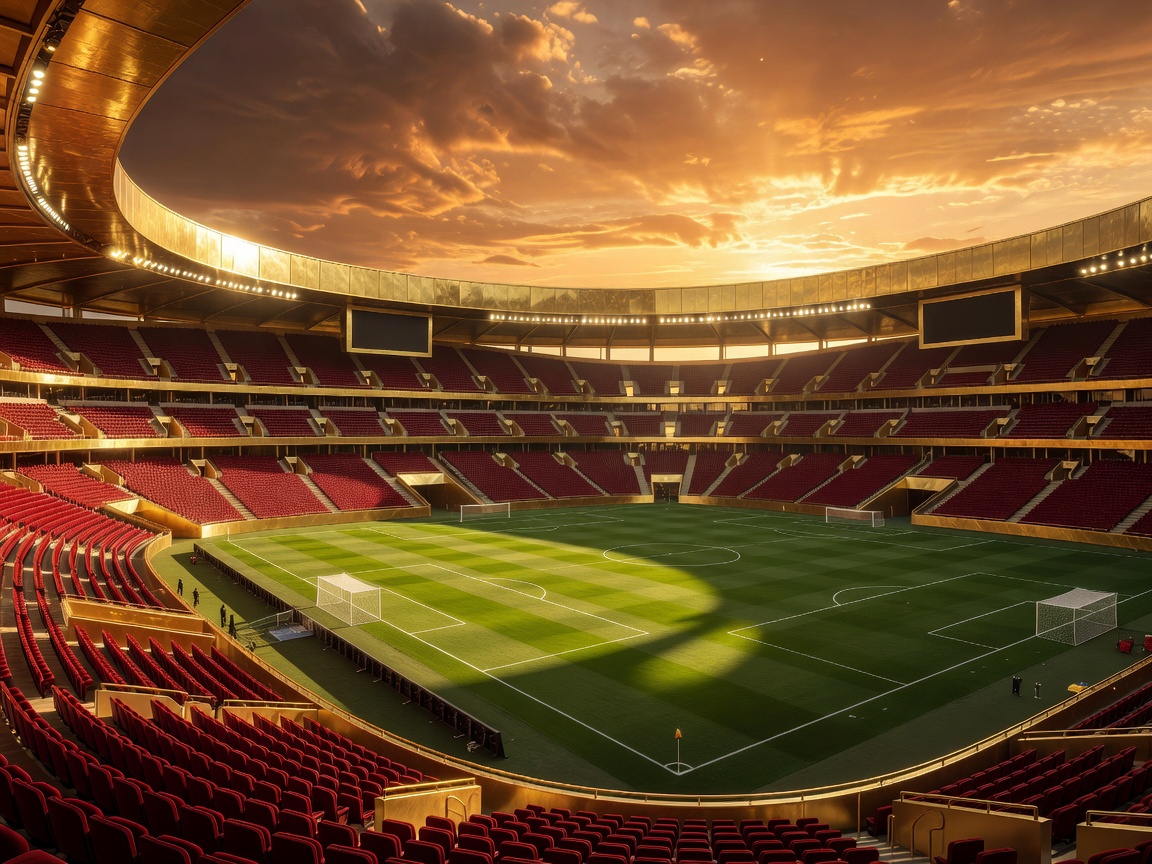 World Cup luxurious empty stadium at sunset with gold tone lighting